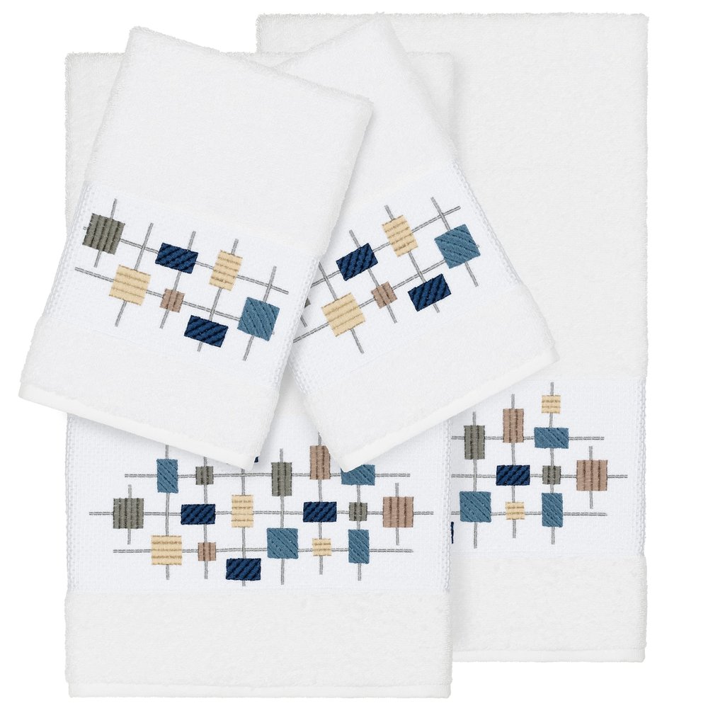 Authentic Hotel and Spa Turkish Cotton Squares Embroidered White 4-Piece Towel Set