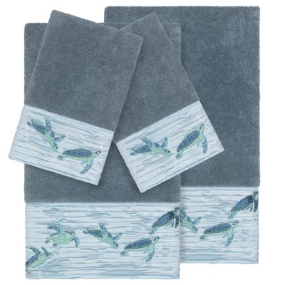 Authentic Hotel and Spa Turkish Cotton Turtles Embroidered Teal Blue 4-Piece Towel Set