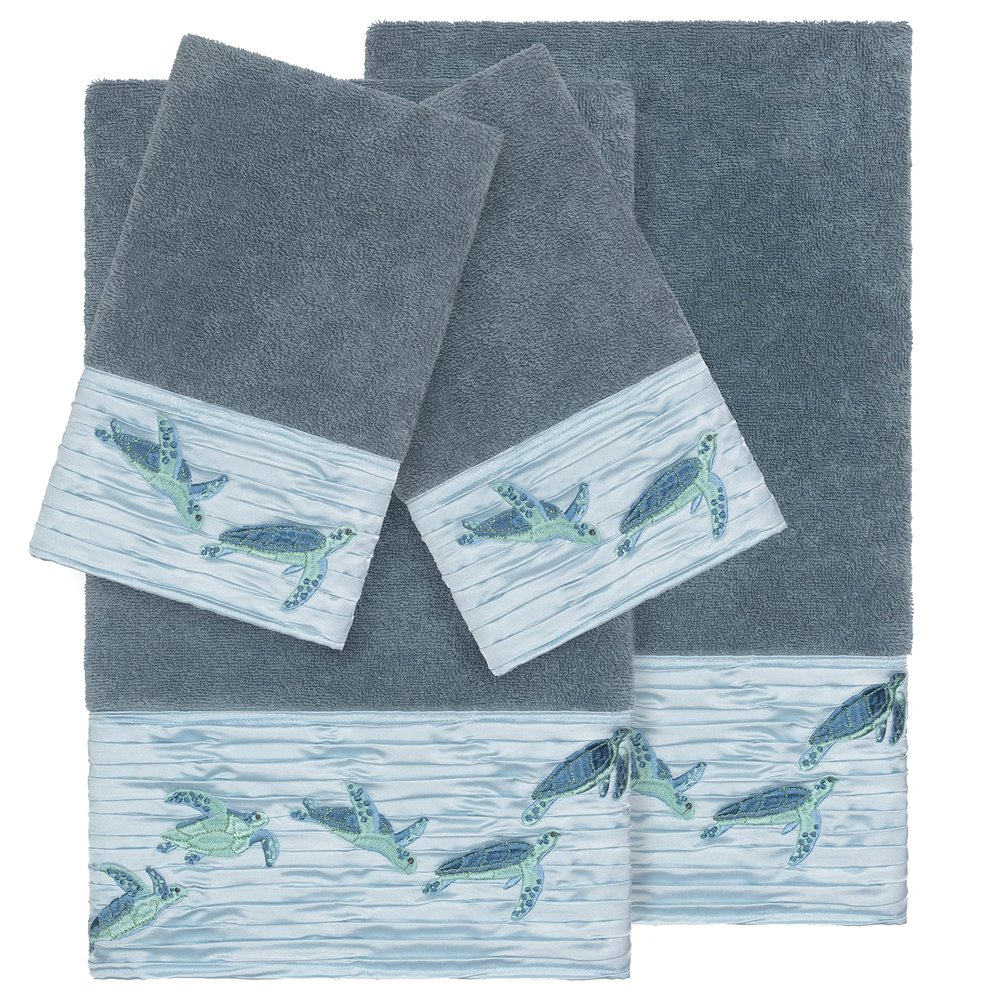 Authentic Hotel and Spa Turkish Cotton Turtles Embroidered Teal Blue 4-Piece Towel Set