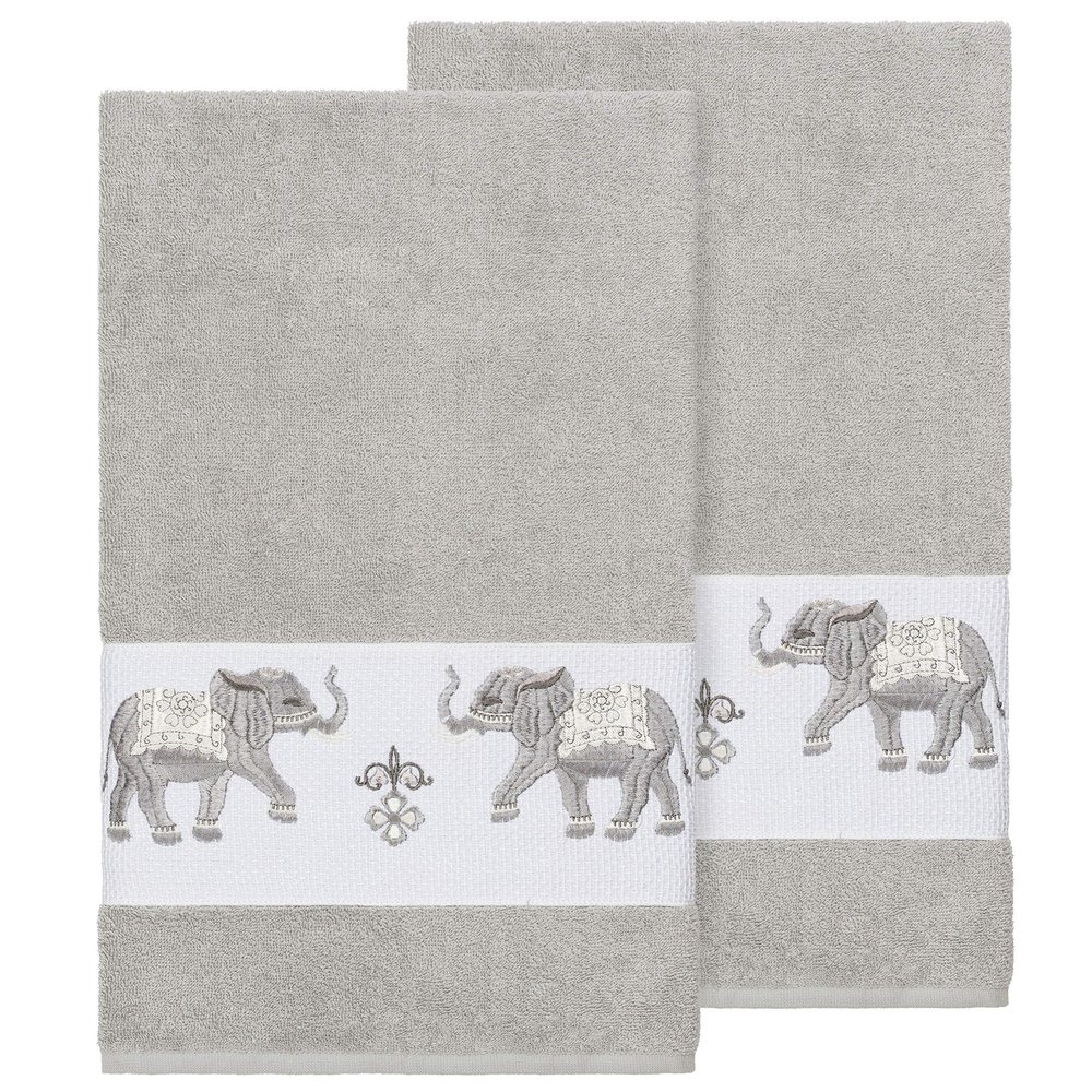 Authentic Hotel and Spa Turkish Cotton Elephants Embroidered Light Grey 2-Piece Bath Towel Set