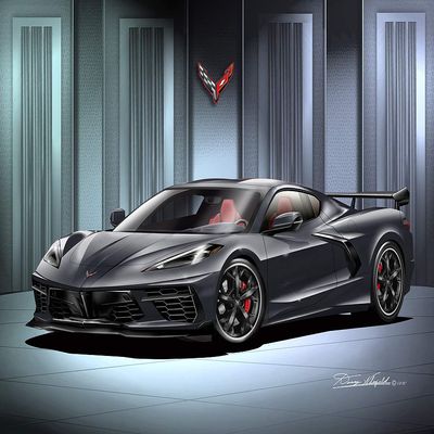 2020 C8 Corvette Stingray - Shadow Grey - Fine Art Print by Danny Whitfield - with Black Trident Wheels - Size 20 x 24