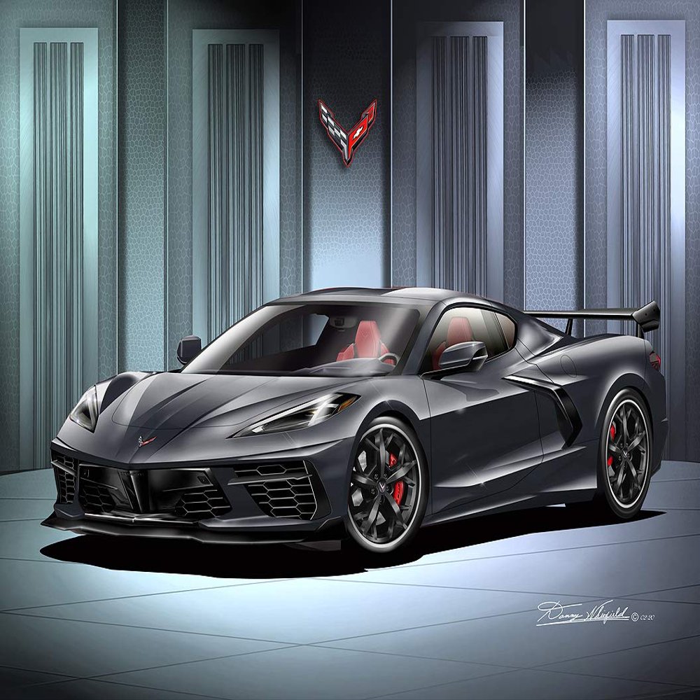 2020 C8 Corvette Stingray - Shadow Grey - Fine Art Print by Danny Whitfield - with Black Trident Wheels - Size 20 x 24