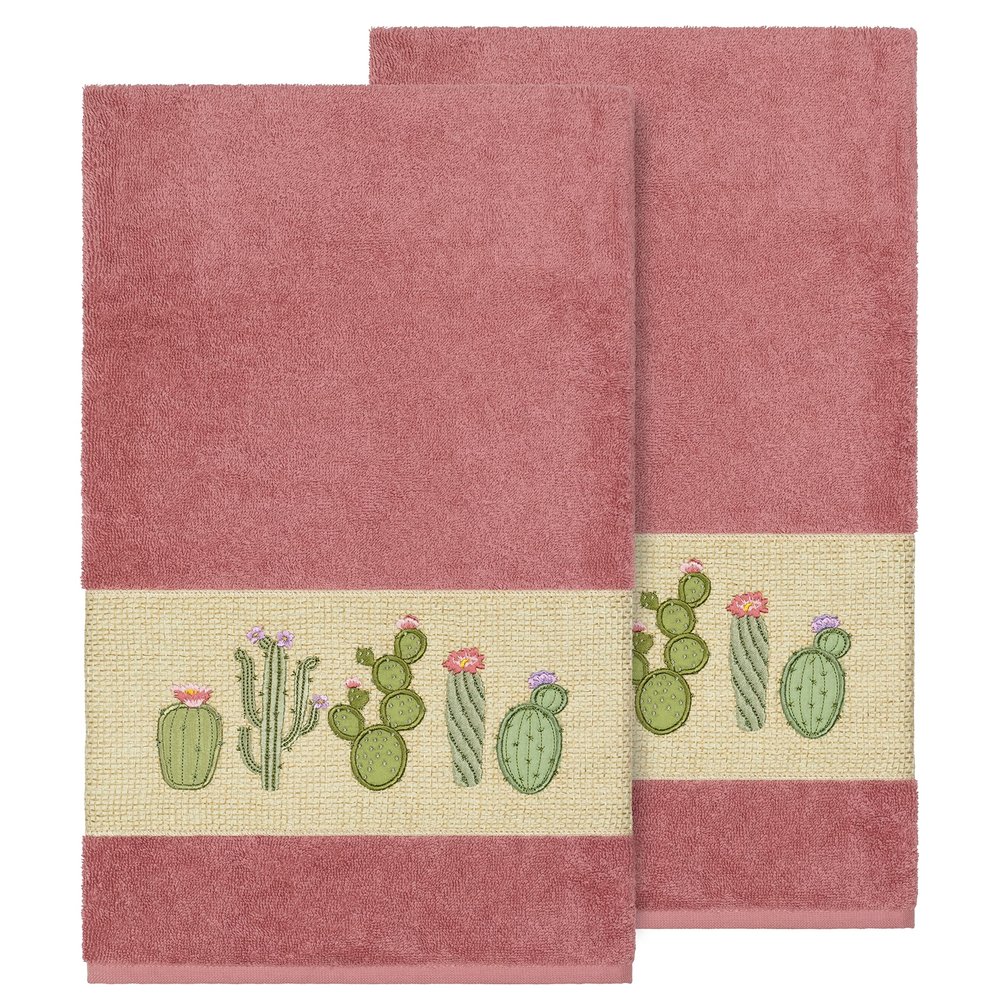 Authentic Hotel and Spa Turkish Cotton Cactus Embroidered Tea Rose 2-Piece Bath Towel Set