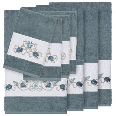 Authentic Hotel and Spa Turkish Cotton Shells Embroidered Teal Blue 8-Piece Towel Set