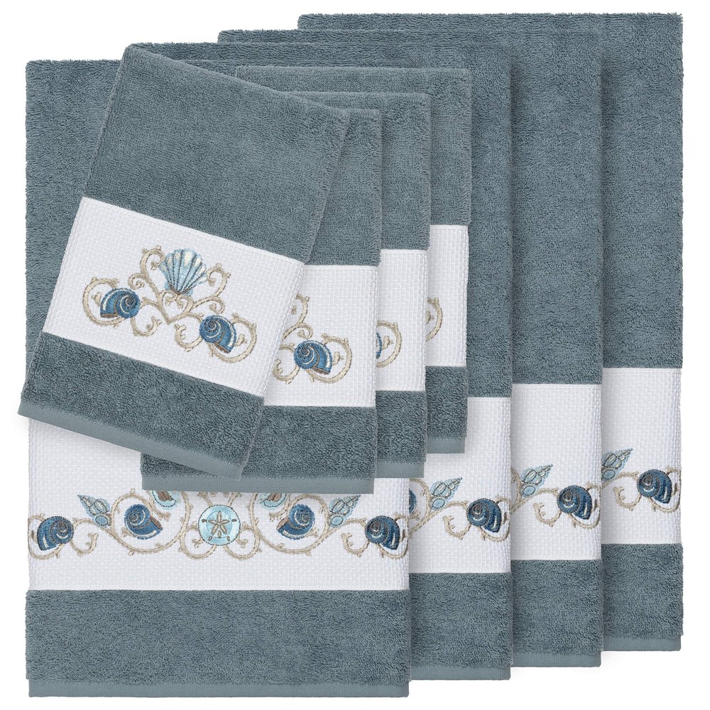Authentic Hotel and Spa Turkish Cotton Shells Embroidered Teal Blue 8-Piece Towel Set