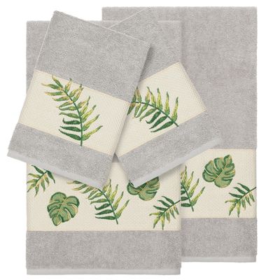 Authentic Hotel and Spa Turkish Cotton Palm Fronds Embroidered Light Grey 4-Piece Towel Set