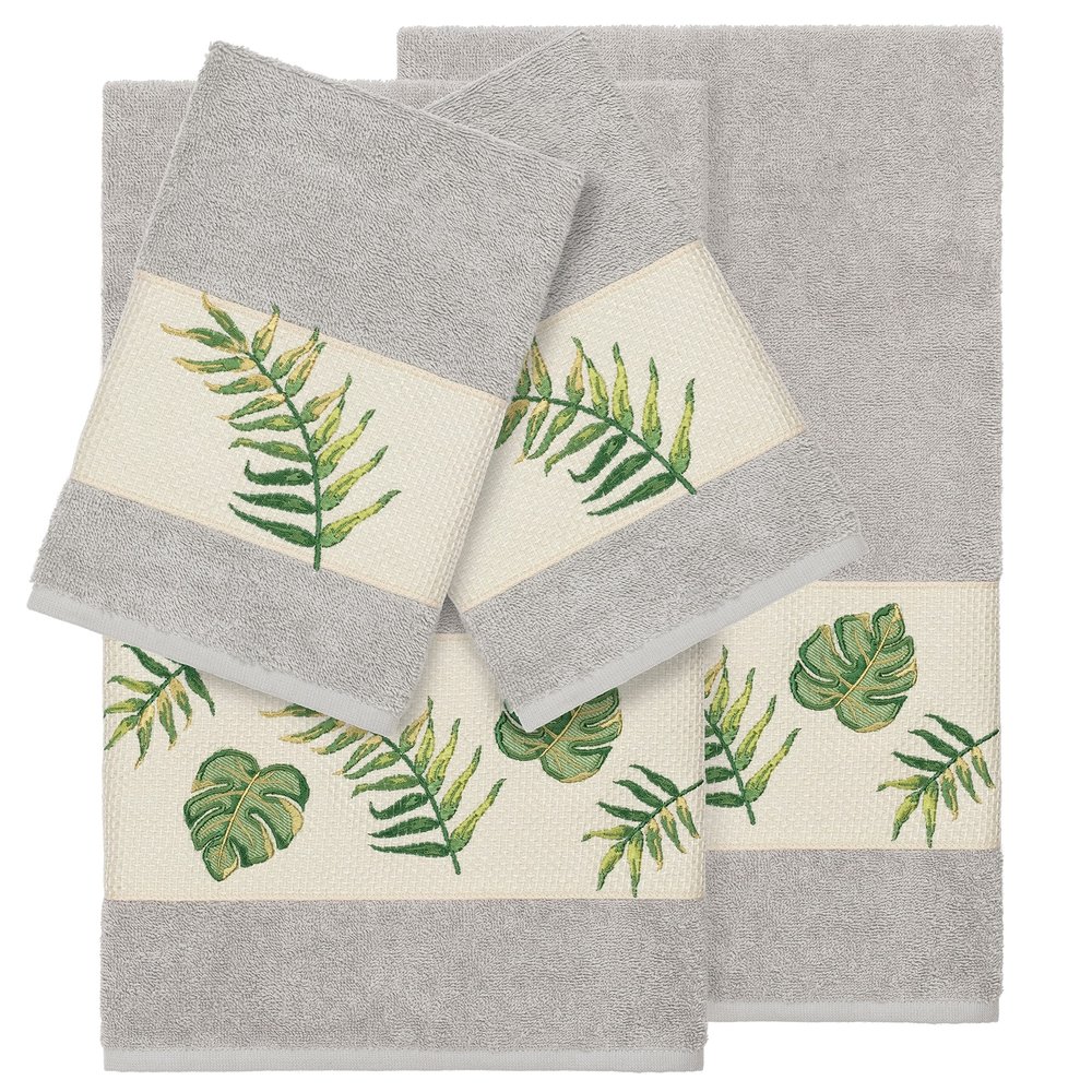 Authentic Hotel and Spa Turkish Cotton Palm Fronds Embroidered Light Grey 4-Piece Towel Set