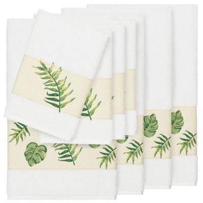 Authentic Hotel and Spa Turkish Cotton Palm Fronds Embroidered White 8-Piece Towel Set