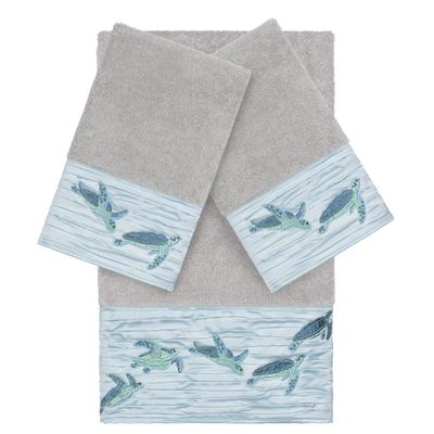 Authentic Hotel and Spa Turkish Cotton Turtles Embroidered Light Grey 3-Piece Towel Set