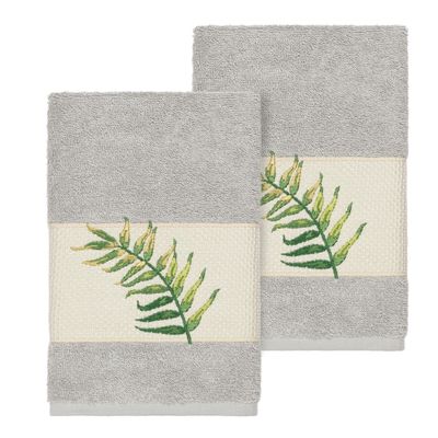 Authentic Hotel and Spa Turkish Cotton Palm Fronds Embroidered Light Grey 2-Piece Towel Hand Set