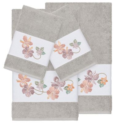 Authentic Hotel and Spa Turkish Cotton Floral Vine Embroidered Light Grey 4-Piece Towel Set