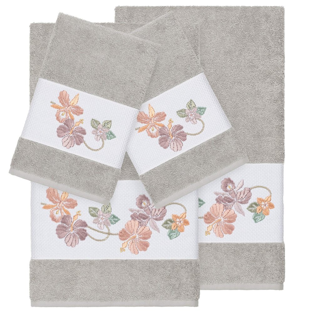 Authentic Hotel and Spa Turkish Cotton Floral Vine Embroidered Light Grey 4-Piece Towel Set