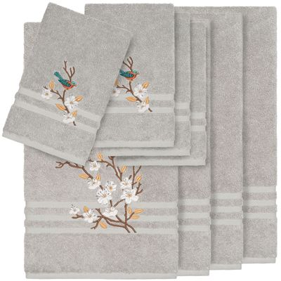 Authentic Hotel and Spa Turkish Cotton Blue Bird Embroidered Light Grey 8-Piece Towel Set