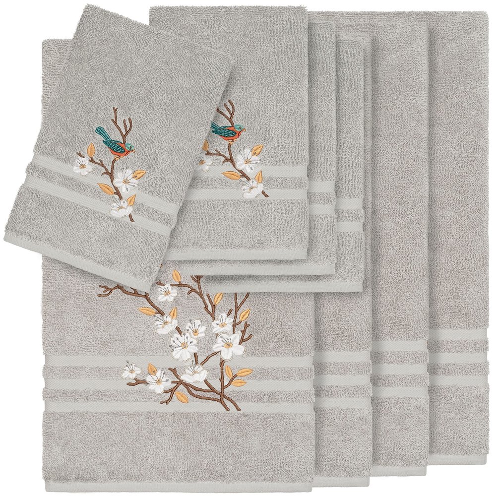 Authentic Hotel and Spa Turkish Cotton Blue Bird Embroidered Light Grey 8-Piece Towel Set