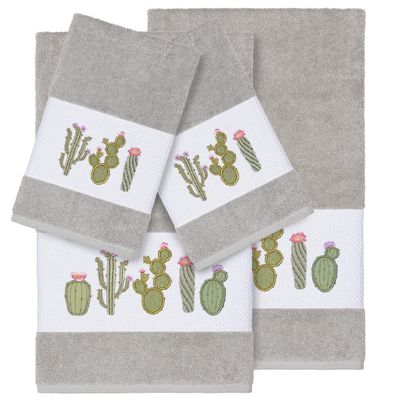 Authentic Hotel and Spa Turkish Cotton Cactus Embroidered Light Grey 4-Piece Towel Set