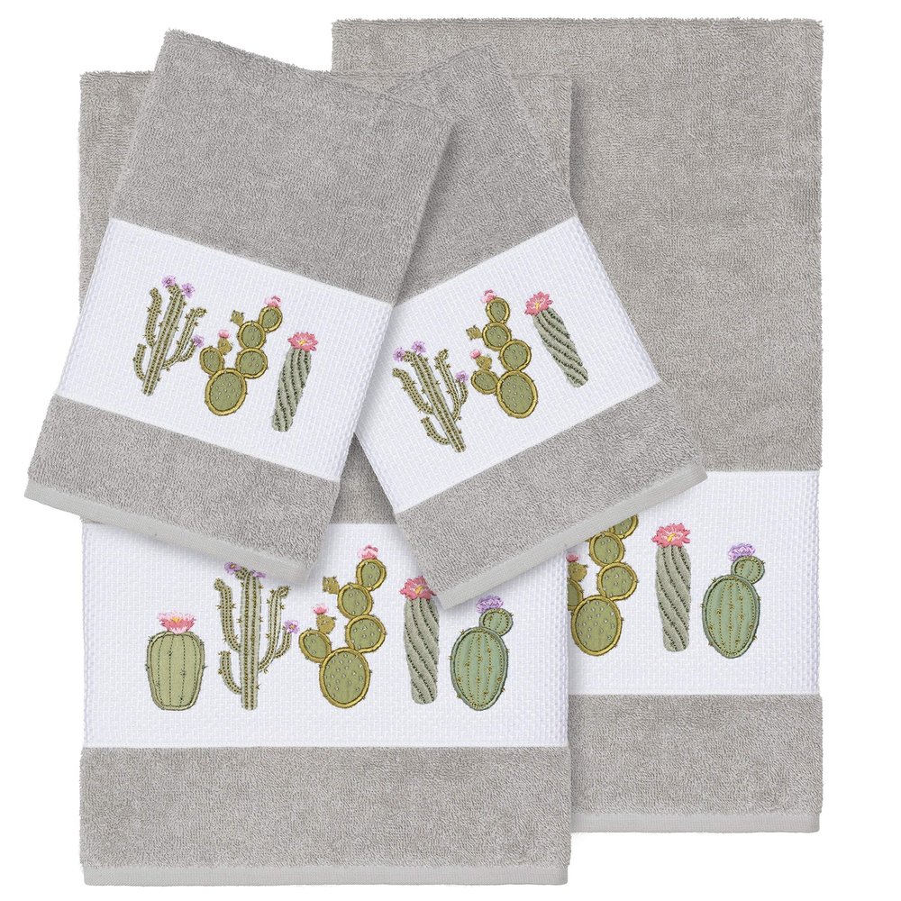 Authentic Hotel and Spa Turkish Cotton Cactus Embroidered Light Grey 4-Piece Towel Set
