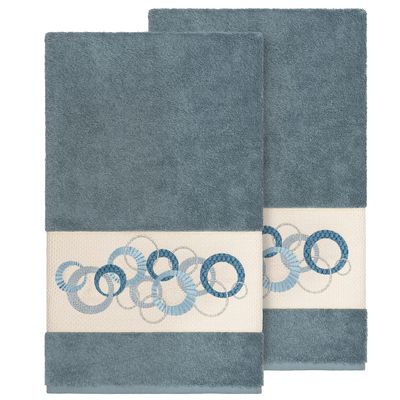 Authentic Hotel and Spa Turkish Cotton Circles Embroidered Teal Blue 2-Piece Bath Towel Set