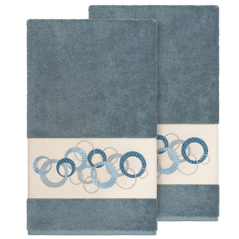 Authentic Hotel and Spa Turkish Cotton Circles Embroidered Teal Blue 2-Piece Bath Towel Set