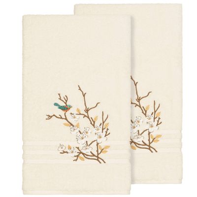Authentic Hotel and Spa Turkish Cotton Blue Bird Embroidered Cream 2-Piece Bath Towel Set