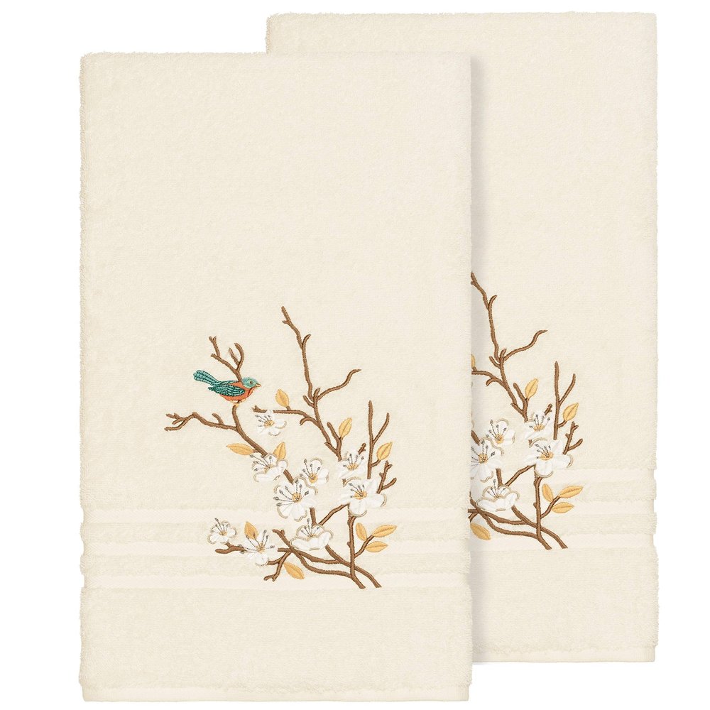 Authentic Hotel and Spa Turkish Cotton Blue Bird Embroidered Cream 2-Piece Bath Towel Set