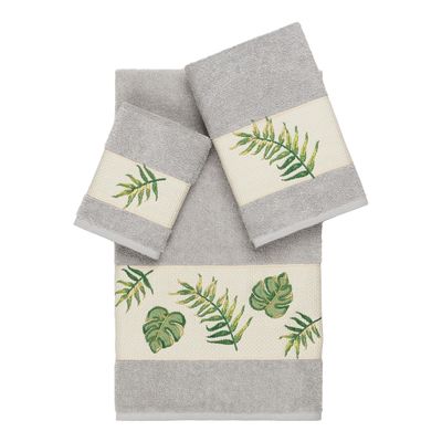 Authentic Hotel and Spa Turkish Cotton Palm Fronds Embroidered Light Grey 3-Piece Towel Set