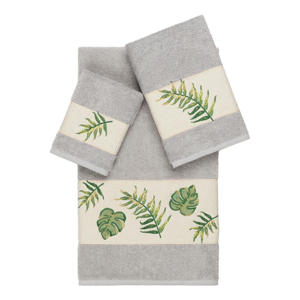 Authentic Hotel and Spa Turkish Cotton Palm Fronds Embroidered Light Grey 3-Piece Towel Set