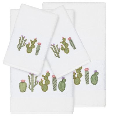 Authentic Hotel and Spa Turkish Cotton Cactus Embroidered White 4-Piece Towel Set