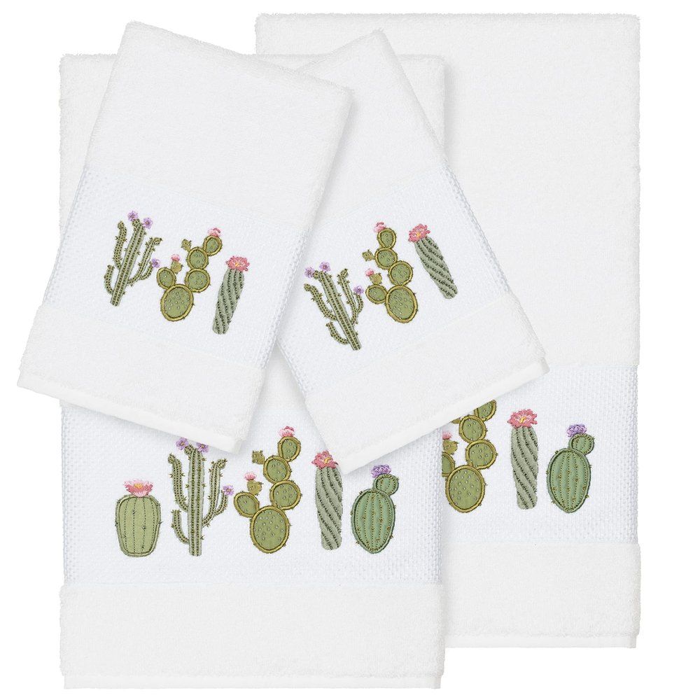 Authentic Hotel and Spa Turkish Cotton Cactus Embroidered White 4-Piece Towel Set