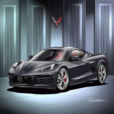 2020 C8 Corvette Stingray - Shadow Grey - Fine Art Print by Danny Whitfield - with Silver Trident Wheels - Size 20 x 24