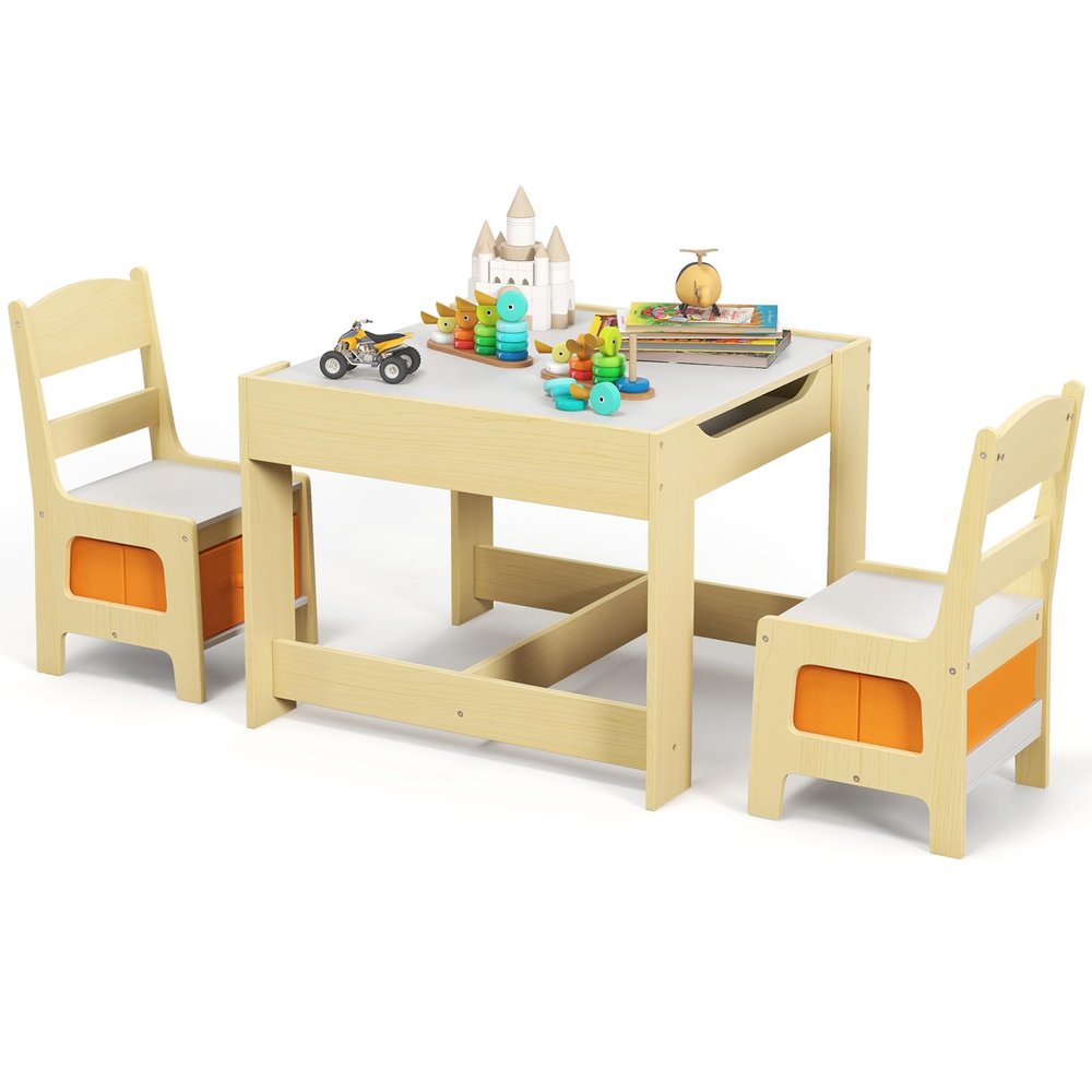 Costzon Kids Table and Chair Set, 3 in 1 Wooden Activity Table with Storage Drawer, Detachable Tabletop for Children Drawing Reading Art Craft, Playroom, Nursery, Toddler Table and Chair Set, Natural