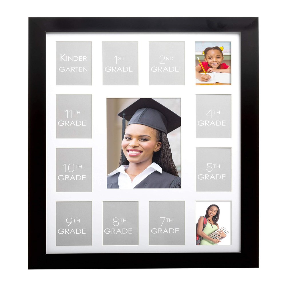 Kate & Milo School Days K-12 Frame, Holds 13 Photos - One for Each Year, Kindergarten to High School Picture Display, Graduation Party Decoration Idea, Wallet Sized Photos, Black