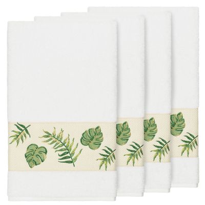Authentic Hotel and Spa Turkish Cotton Palm Fronds Embroidered White 4-Piece Bath Towel Set