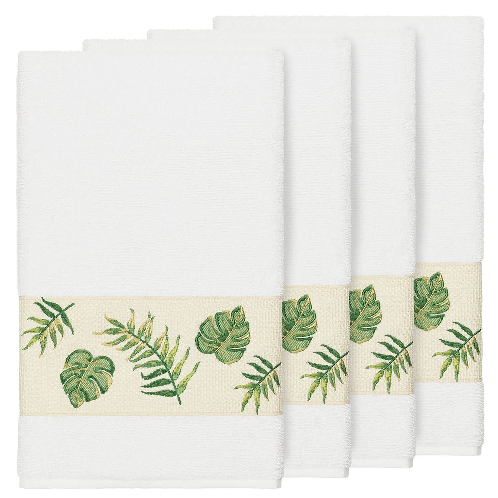 Authentic Hotel and Spa Turkish Cotton Palm Fronds Embroidered White 4-Piece Bath Towel Set