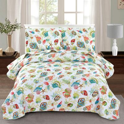 3-Piece Colorful Seashell Lightweight Quilt Set,Beach Themed Cottage Reversible Bedspread Coverlet,Vivid Seascape Image Coral Starfish Scallop Printed Bed Cover Seaside Bedding Set (Yellow,King)