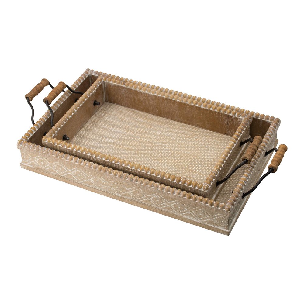 A&B Home Decorative Serving Tray Set of 2 with Handles Boho Chic Style Beaded Edge Detailed Etching Fir Wood Metal Centerpiece Table Dcor L: 19.3x10x3.3, S: 15.9x8.7x3.1 Inch