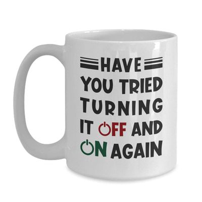 BeeTeeStore Programmer Mug with Humorous Tech Quote - Have You Tried Turning It Off and On Again - 15oz White Ceramic Coffee Cup for Coders, Developers, and Computer Nerds