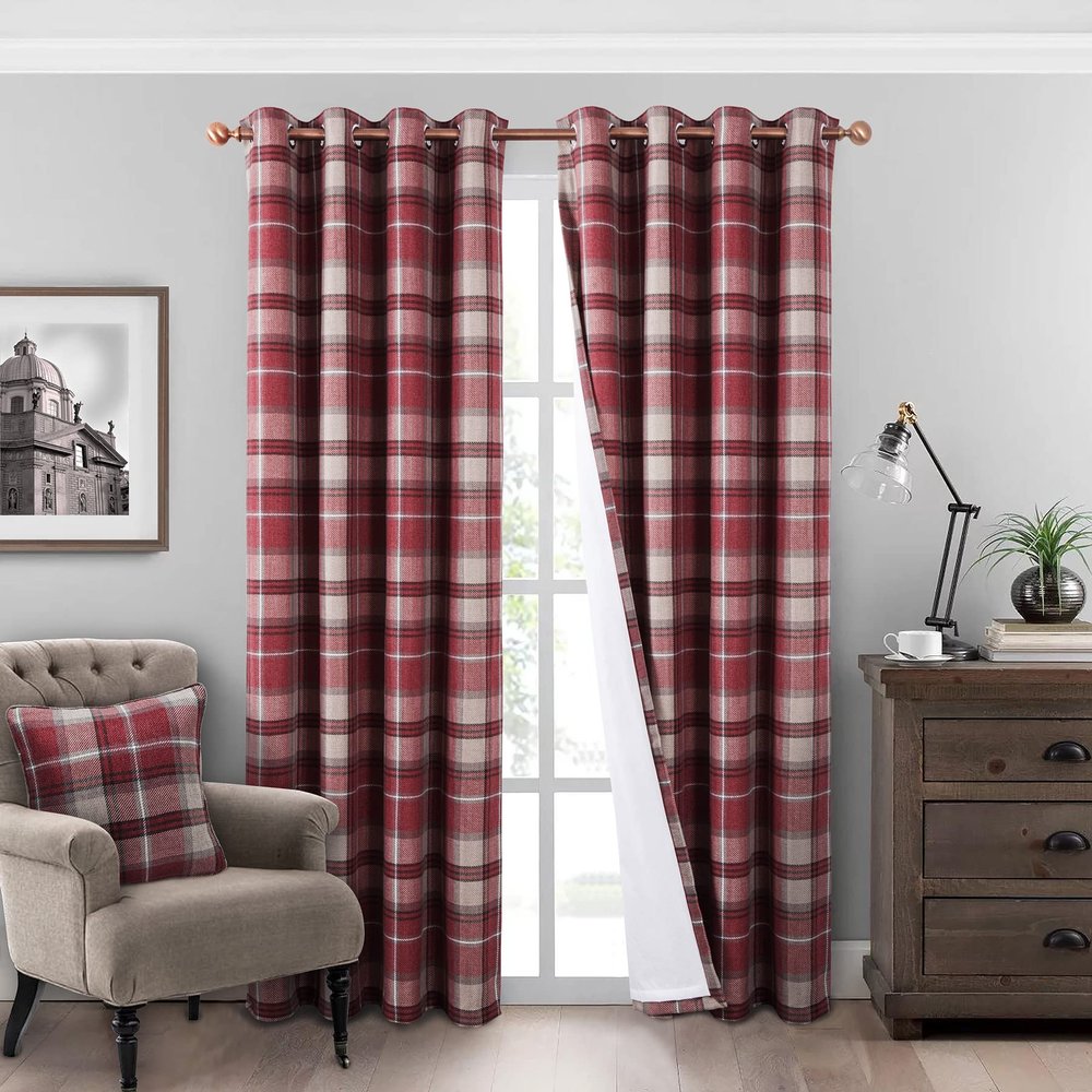 always4u Plaid Curtains 100% Blackout Thermal Energy Saving Drapes for Bedroom Woolen Look Farmhouse Living Room Curtains 2 Panels 54 * 84 Burgundy Red