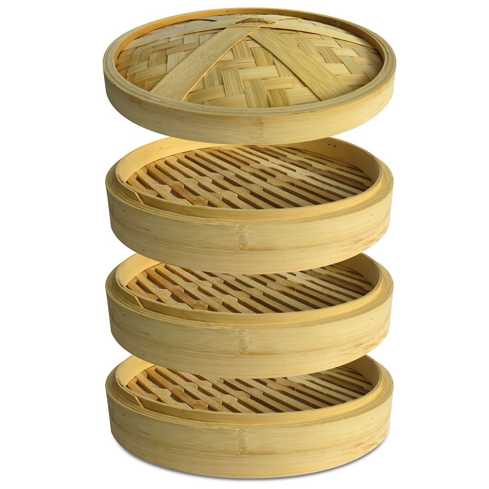 3 Tiers Large 10 Inches Diameter Natural Bamboo Steamer With Lid and 100 Sheets Of Paper Liner, Perfect For Healthy Cooking Of Dumplings, Meat And Vegetables