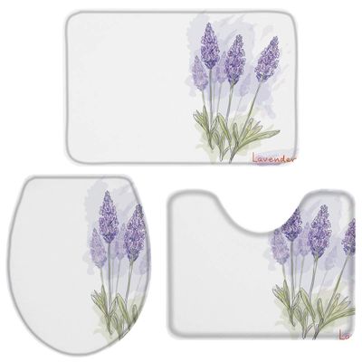 3 Pieces Bath Rug Set Toilet Seat Cover Purple Lavender Pattern Print Contour Rug, Pedestal Mat and Toilet Lid CoverNon-Slip Bathroom Floor Mat 18''x30''+14''x18''+15''x18''