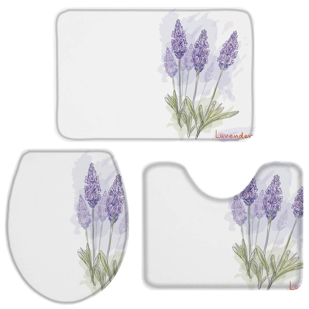 3 Pieces Bath Rug Set Toilet Seat Cover Purple Lavender Pattern Print Contour Rug, Pedestal Mat and Toilet Lid CoverNon-Slip Bathroom Floor Mat 18''x30''+14''x18''+15''x18''