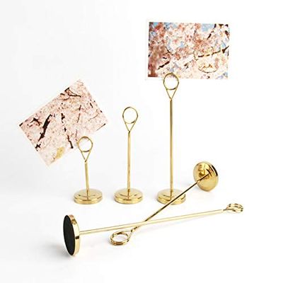 wadbeev 6 Heavy Base Wire Place Card Holders, 12" Gold Table Number Ring-Clip Menu Photo Picture Holder Wedding Birthday Party Decoration Centerpiece with Stand