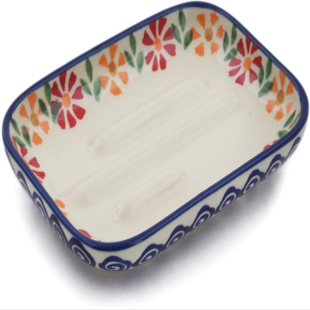 Polmedia Polish Pottery Soap Dish - Wave of Flowers Pattern Handmade in Boleslawiec Poland + Certificate of Authenticity