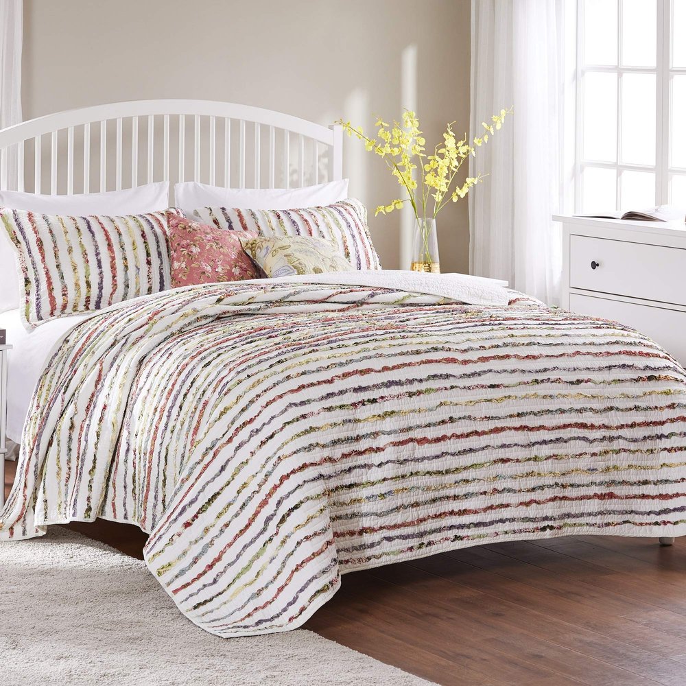 Greenland Home Bella Ruffle 100% Cotton Multi-Fabric Ruffled Quilt Set, 5-Piece Full/Queen, Multicolor