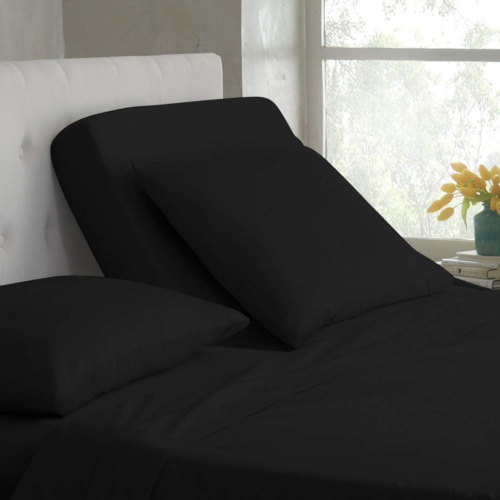 Deluxe Linens Collection Fabricom Top-Split-King: Adjustable King Bed Sheets 4PC Solid Black 100% Cotton 800-Thread-Count, 18" Deep Pocket