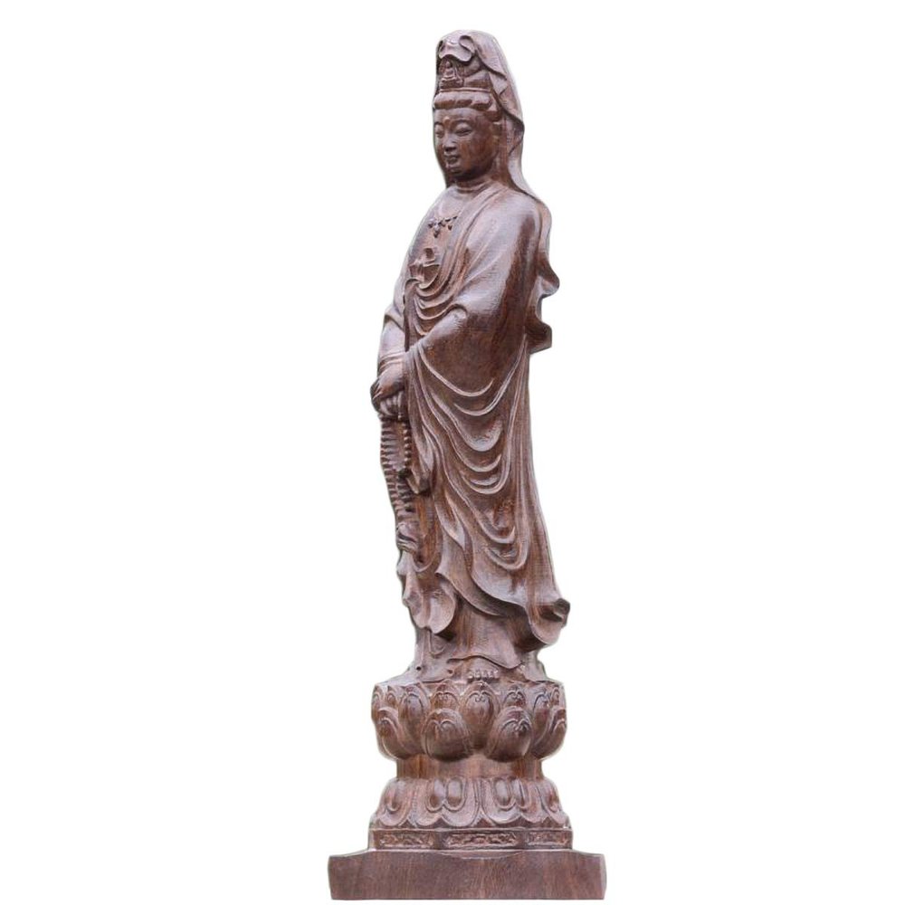China Natural Ebony Black Wood Carving Kwan Yin Goddess Statue (12" H x 3.2" L x 3.2" W 1.1lb)