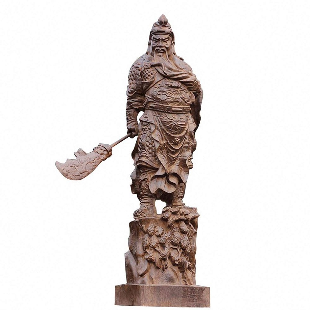 China Natural Ebony Black Wood Carved Guan Gong Yu Warrior God Statue (12" H x 3.2" L x 2.4" W)
