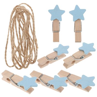 100pcs Mini Wooden Clothespins Star Shape Wall Hanging Photo Clips Picture Pegs Craft Clips with Rope Blue