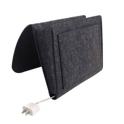 Elonglin Bedside Storage Pocket Thicker Felt Bed Hanging Storage Organizer with Charging Cable Hole, Convenient Open Bag for Phone, Remote, Magazines, Glasses, Pen (Dark Grey L)