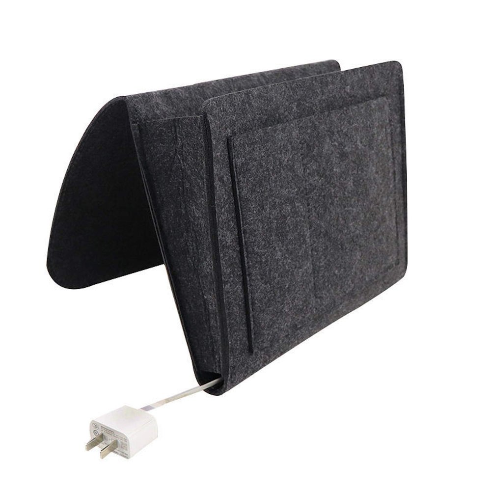 Elonglin Bedside Storage Pocket Thicker Felt Bed Hanging Storage Organizer with Charging Cable Hole, Convenient Open Bag for Phone, Remote, Magazines, Glasses, Pen (Dark Grey L)