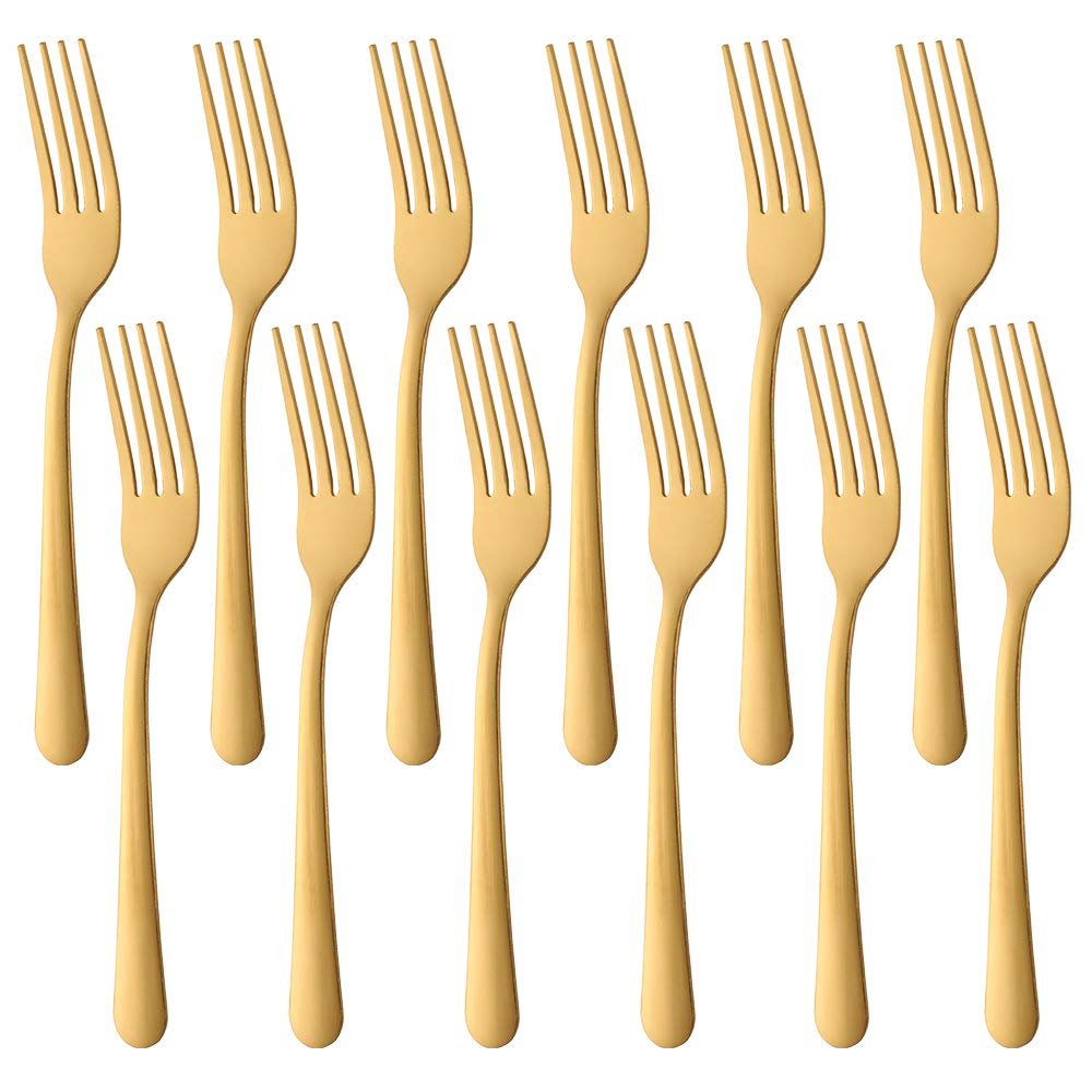 12-Piece Dinner Fork Set 7-inch Stainless Steel Table Forks Flatware Silverware Sets Cutlery Utensils Dinnerware Service for 12 Dishwasher Safe -Golden